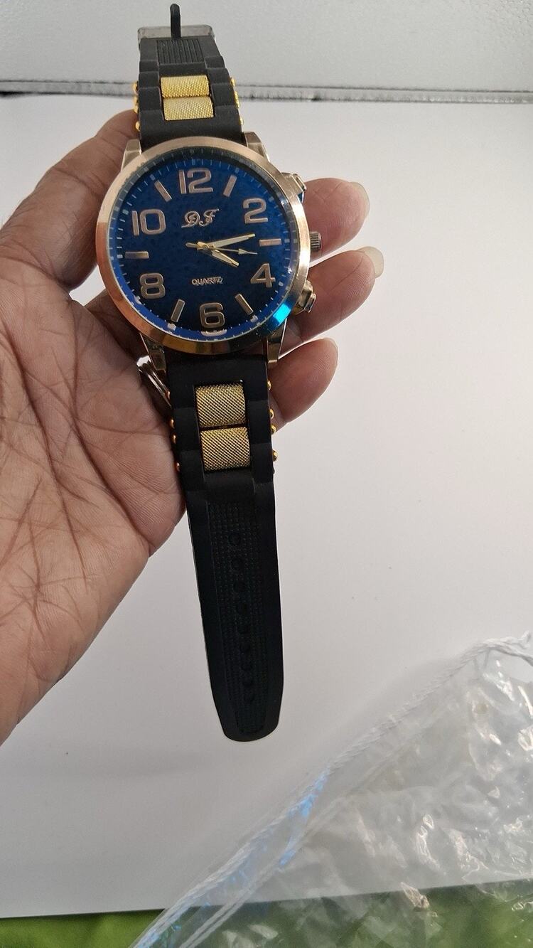 Oversized Rose Gold Tone Mens Watch Blue Dial Black Silicone Band Gold Accents